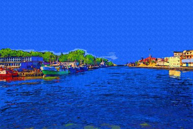 Kolobrzeg yelkenli tekneleri rıhtıma, liman sanat illüstrasyonunun antika eskilerine yerleştirildi.