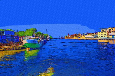 Kolobrzeg yelkenli tekneleri rıhtıma, liman sanat illüstrasyonunun antika eskilerine yerleştirildi.