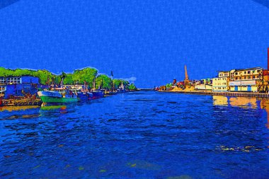 Kolobrzeg yelkenli tekneleri rıhtıma, liman sanat illüstrasyonunun antika eskilerine yerleştirildi.