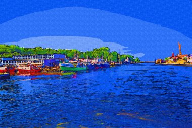 Kolobrzeg yelkenli tekneleri rıhtıma, liman sanat illüstrasyonunun antika eskilerine yerleştirildi.