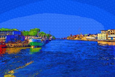 Kolobrzeg yelkenli tekneleri rıhtıma, liman sanat illüstrasyonunun antika eskilerine yerleştirildi.