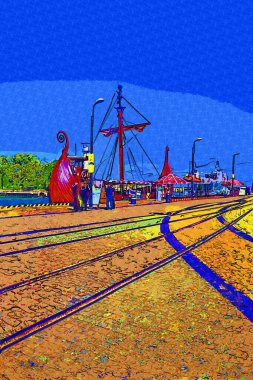 Kolobrzeg yelkenli tekneleri rıhtıma, liman sanat illüstrasyonunun antika eskilerine yerleştirildi.