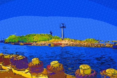 Kolobrzeg yelkenli tekneleri rıhtıma, liman sanat illüstrasyonunun antika eskilerine yerleştirildi.