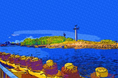 Kolobrzeg yelkenli tekneleri rıhtıma, liman sanat illüstrasyonunun antika eskilerine yerleştirildi.