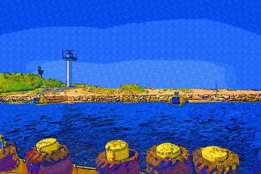 Kolobrzeg yelkenli tekneleri rıhtıma, liman sanat illüstrasyonunun antika eskilerine yerleştirildi.