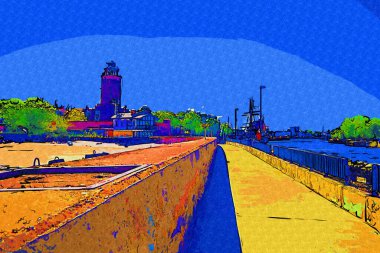 Kolobrzeg yelkenli tekneleri rıhtıma, liman sanat illüstrasyonunun antika eskilerine yerleştirildi.