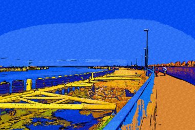 Kolobrzeg yelkenli tekneleri rıhtıma, liman sanat illüstrasyonunun antika eskilerine yerleştirildi.