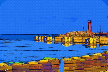 Kolobrzeg yelkenli tekneleri rıhtıma, liman sanat illüstrasyonunun antika eskilerine yerleştirildi.