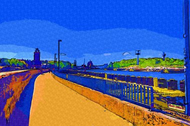 Kolobrzeg yelkenli tekneleri rıhtıma, liman sanat illüstrasyonunun antika eskilerine yerleştirildi.