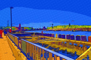 Kolobrzeg yelkenli tekneleri rıhtıma, liman sanat illüstrasyonunun antika eskilerine yerleştirildi.