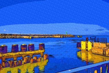 Kolobrzeg yelkenli tekneleri rıhtıma, liman sanat illüstrasyonunun antika eskilerine yerleştirildi.