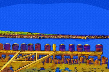 Kolobrzeg yelkenli tekneleri rıhtıma, liman sanat illüstrasyonunun antika eskilerine yerleştirildi.