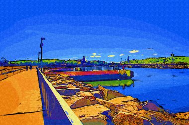 Kolobrzeg yelkenli tekneleri rıhtıma, liman sanat illüstrasyonunun antika eskilerine yerleştirildi.