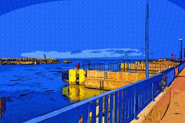 Kolobrzeg yelkenli tekneleri rıhtıma, liman sanat illüstrasyonunun antika eskilerine yerleştirildi.