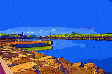 Kolobrzeg yelkenli tekneleri rıhtıma, liman sanat illüstrasyonunun antika eskilerine yerleştirildi.