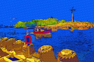 Kolobrzeg yelkenli tekneleri rıhtıma, liman sanat illüstrasyonunun antika eskilerine yerleştirildi.