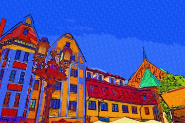 Kolobrzeg eski şehir, belediye binası, poland resim çizimi