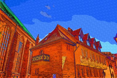 Kolobrzeg eski şehir, belediye binası, poland resim çizimi