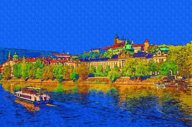 Çek Cumhuriyeti 'nde Vltava nehri ile Prag Şatosu Hradcany