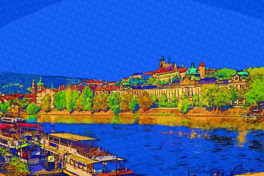 Çek Cumhuriyeti 'nde Vltava nehri ile Prag Şatosu Hradcany