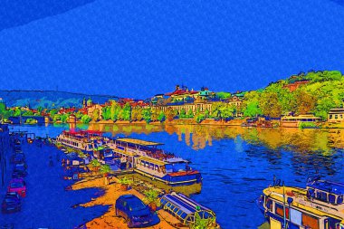 Çek Cumhuriyeti 'nde Vltava nehri ile Prag Şatosu Hradcany