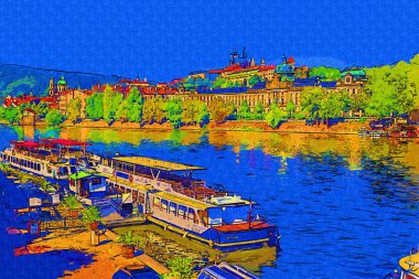 Çek Cumhuriyeti 'nde Vltava nehri ile Prag Şatosu Hradcany