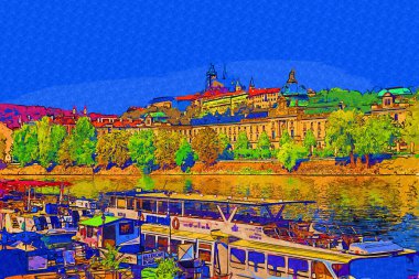 Çek Cumhuriyeti 'nde Vltava nehri ile Prag Şatosu Hradcany