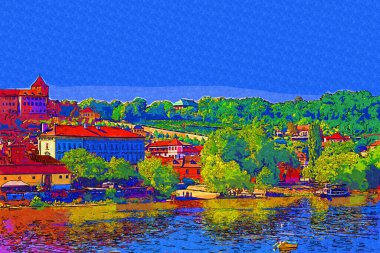 Çek Cumhuriyeti 'nde Vltava nehri ile Prag Şatosu Hradcany