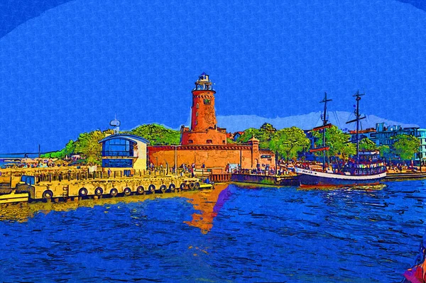 El çizimi suluboya deniz feneri illüstrasyon sanat klasiği çizimi