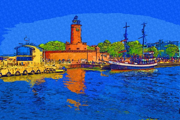 El çizimi suluboya deniz feneri illüstrasyon sanat klasiği çizimi