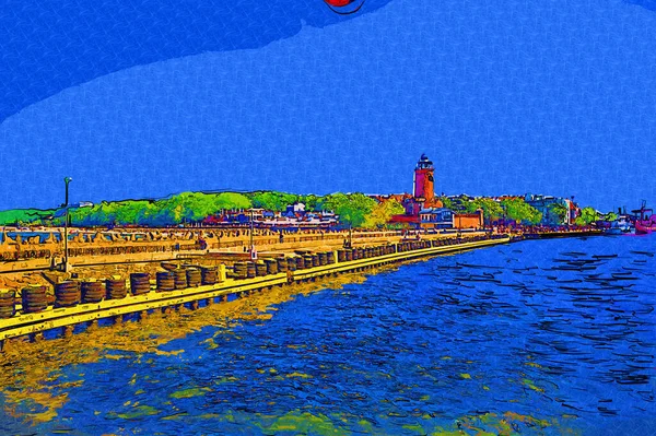 Kolobrzeg yelkenli tekneleri rıhtıma, liman sanat illüstrasyonunun antika eskilerine yerleştirildi.