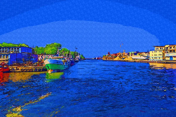 Kolobrzeg yelkenli tekneleri rıhtıma, liman sanat illüstrasyonunun antika eskilerine yerleştirildi.