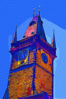 Prag, Çek Cumhuriyeti, Avrupa 'daki Eski Şehir Meydanı' ndaki belediye binasının kulesi.