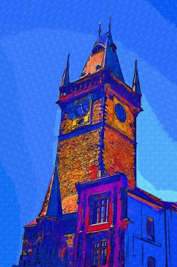 Prag, Çek Cumhuriyeti, Avrupa 'daki Eski Şehir Meydanı' ndaki belediye binasının kulesi.