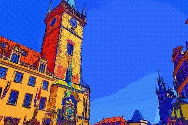 Prag, Çek Cumhuriyeti, Avrupa 'daki Eski Şehir Meydanı' ndaki belediye binasının kulesi.