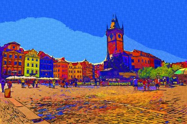 Prag, Çek Cumhuriyeti, Avrupa 'daki Eski Şehir Meydanı' ndaki belediye binasının kulesi.