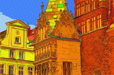 Wroclaw, Polonya 'da belediye binası ile pazar meydanı sabah erken saatlerde. Renkli şehir kavramı.