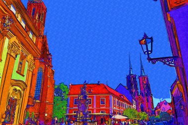 Wroclaw, Polonya 'da belediye binası ile pazar meydanı sabah erken saatlerde. Renkli şehir kavramı.