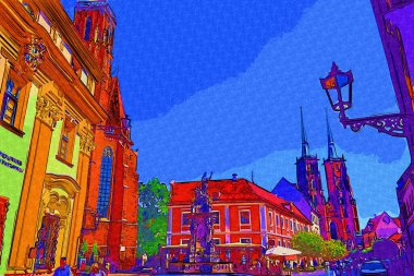 Wroclaw, Polonya 'da belediye binası ile pazar meydanı sabah erken saatlerde. Renkli şehir kavramı.