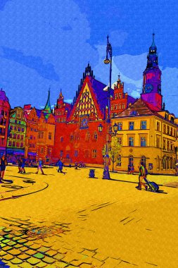 Wroclaw, Polonya 'da belediye binası ile pazar meydanı sabah erken saatlerde. Renkli şehir kavramı.