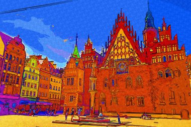 Wroclaw, Polonya 'da belediye binası ile pazar meydanı sabah erken saatlerde. Renkli şehir kavramı.