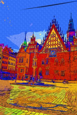 Wroclaw, Polonya 'da belediye binası ile pazar meydanı sabah erken saatlerde. Renkli şehir kavramı.