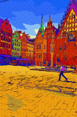 Wroclaw, Polonya 'da belediye binası ile pazar meydanı sabah erken saatlerde. Renkli şehir kavramı.