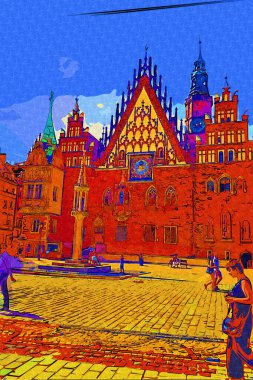 Wroclaw, Polonya 'da belediye binası ile pazar meydanı sabah erken saatlerde. Renkli şehir kavramı.