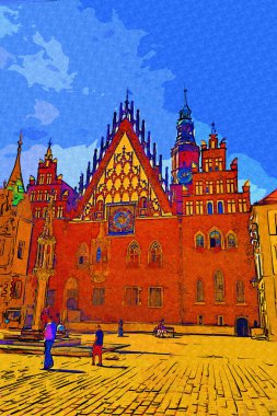 Wroclaw, Polonya 'da belediye binası ile pazar meydanı sabah erken saatlerde. Renkli şehir kavramı.