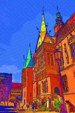 Wroclaw, Polonya 'da belediye binası ile pazar meydanı sabah erken saatlerde. Renkli şehir kavramı.