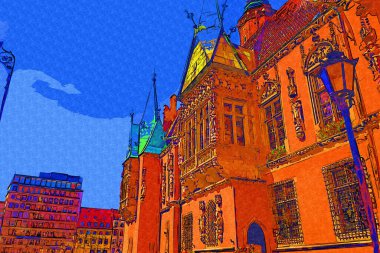 Wroclaw, Polonya 'da belediye binası ile pazar meydanı sabah erken saatlerde. Renkli şehir kavramı.