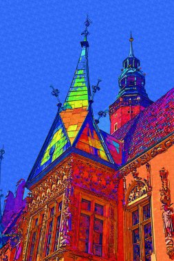 Wroclaw, Polonya 'da belediye binası ile pazar meydanı sabah erken saatlerde. Renkli şehir kavramı.