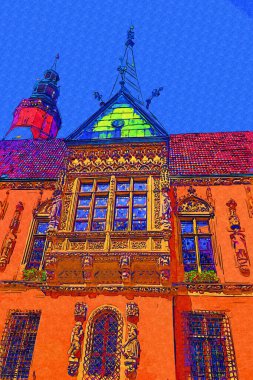 Wroclaw, Polonya 'da belediye binası ile pazar meydanı sabah erken saatlerde. Renkli şehir kavramı.