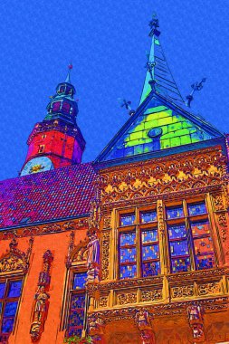 Wroclaw, Polonya 'da belediye binası ile pazar meydanı sabah erken saatlerde. Renkli şehir kavramı.